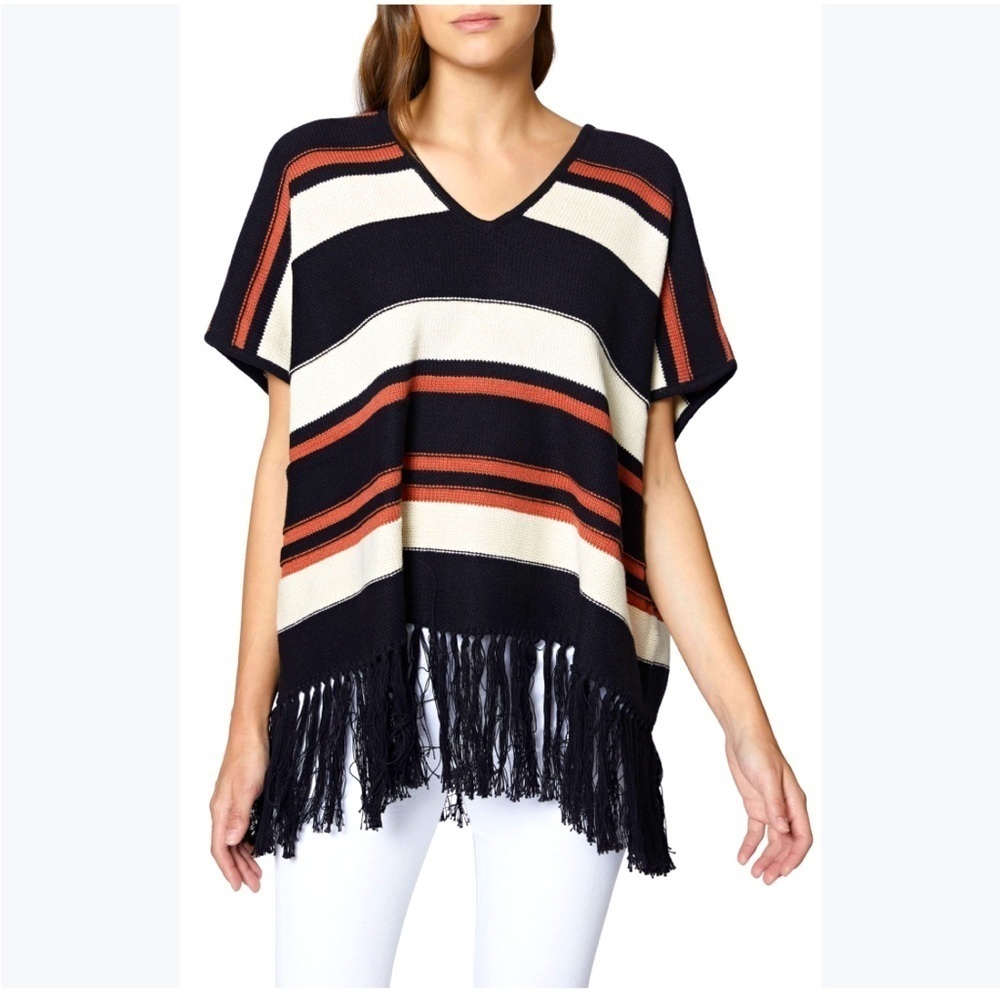 Sanctuary Striped Sweater Poncho With Fringe L/XL